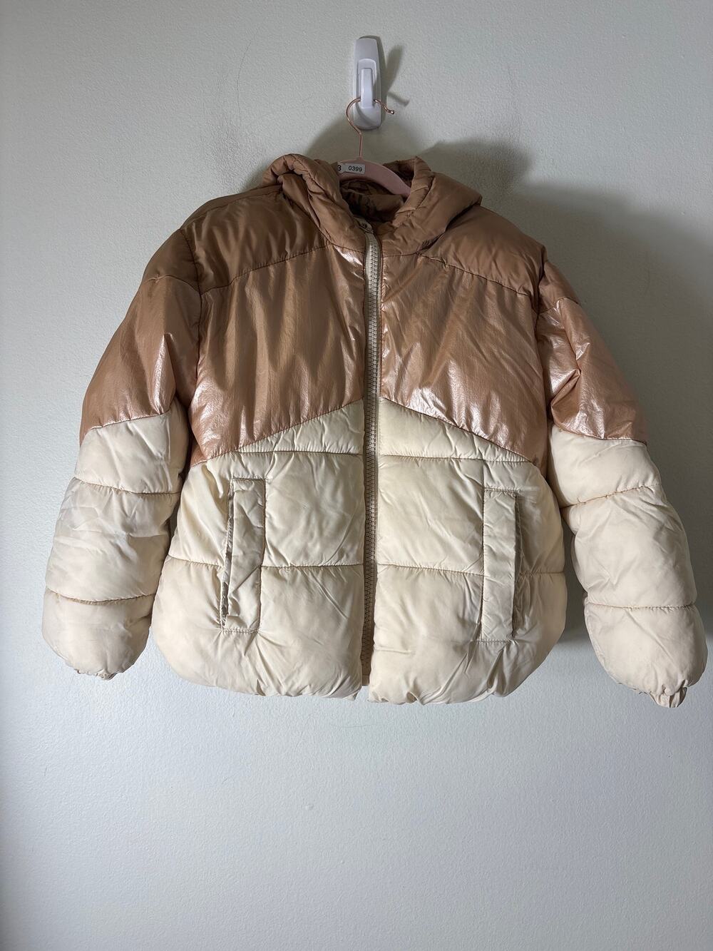 Girls Zara Tan Color Block Long Sleeve Puffy Jacket Sz 9